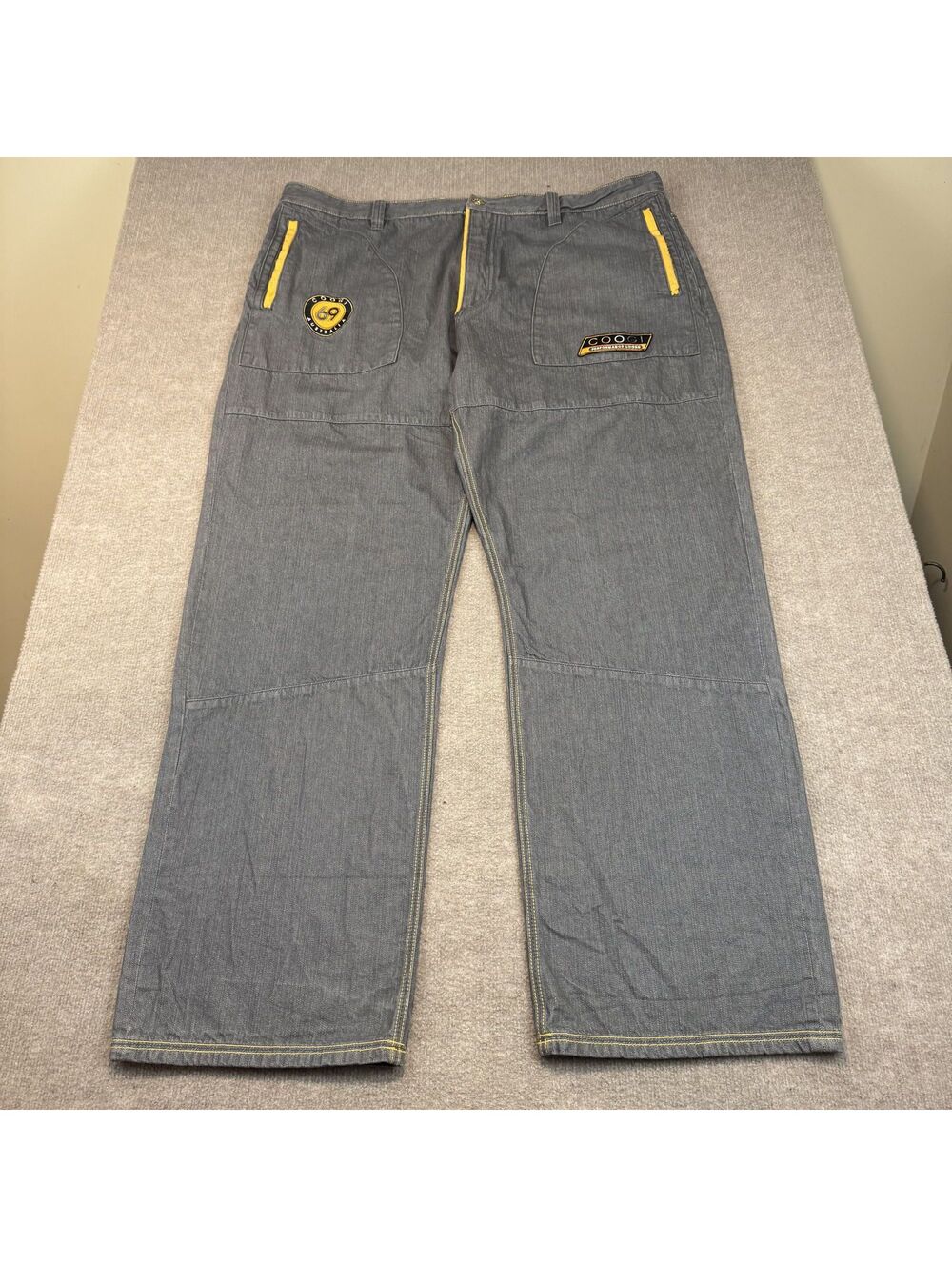 Coogi Mens Gray Denim Jeans Yellow Stitching Flap Pocket Patches 50x36